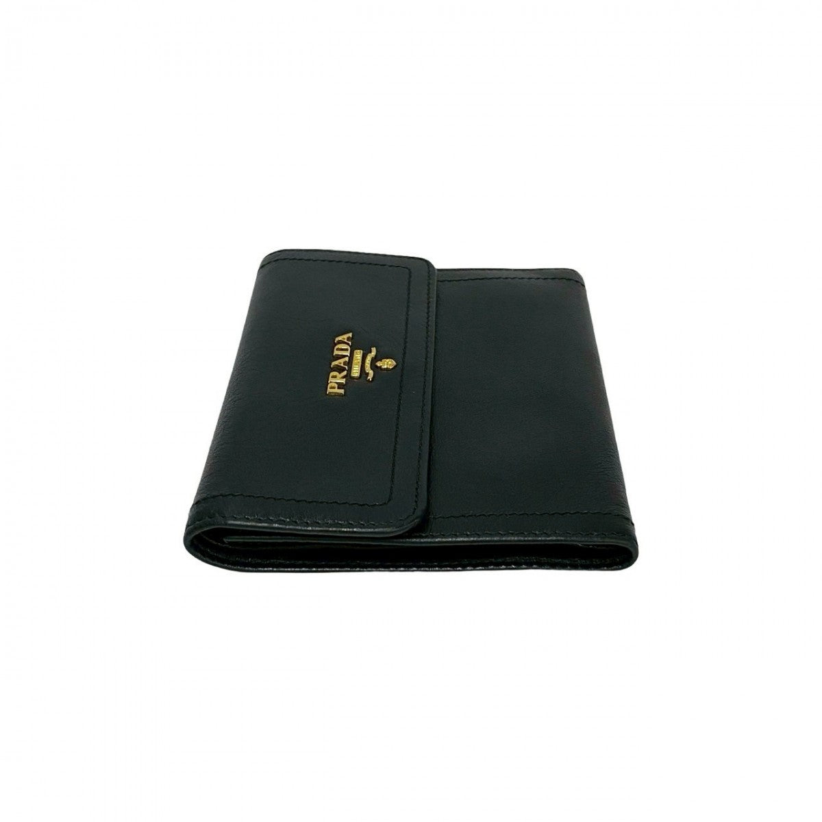PRADA Tri-fold wallet leather black PRADA logo Metal mens Used Authentic