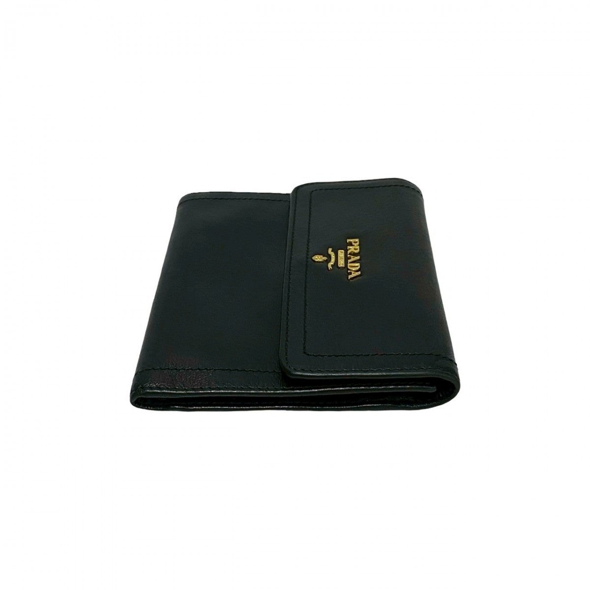 PRADA Tri-fold wallet leather black PRADA logo Metal mens Used Authentic