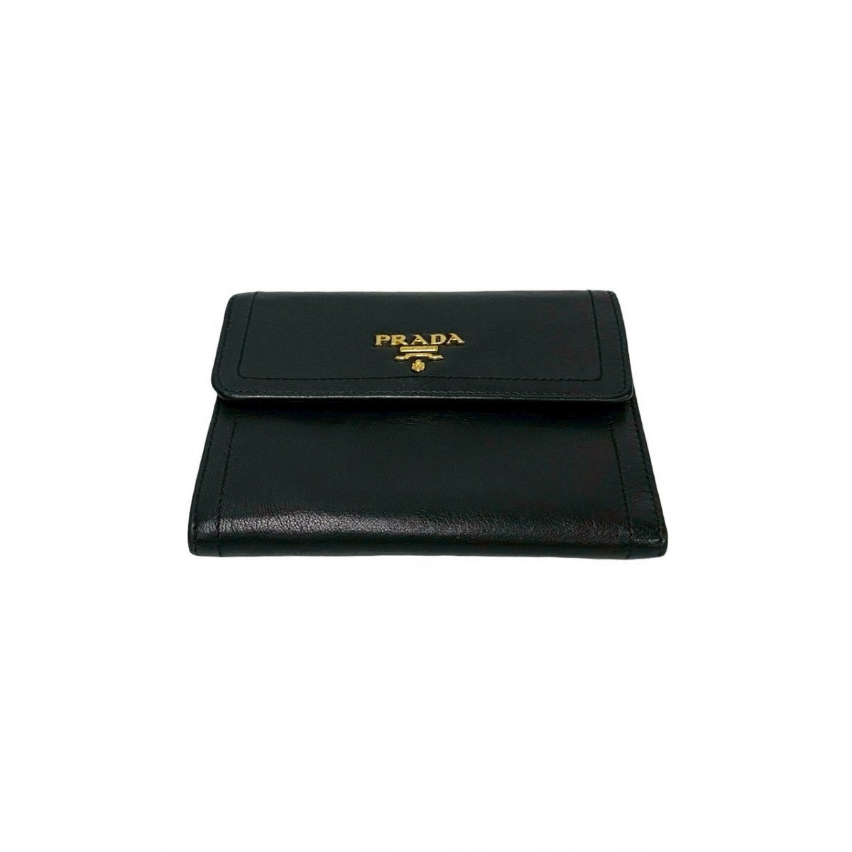 PRADA Tri-fold wallet leather black PRADA logo Metal mens Used Authentic