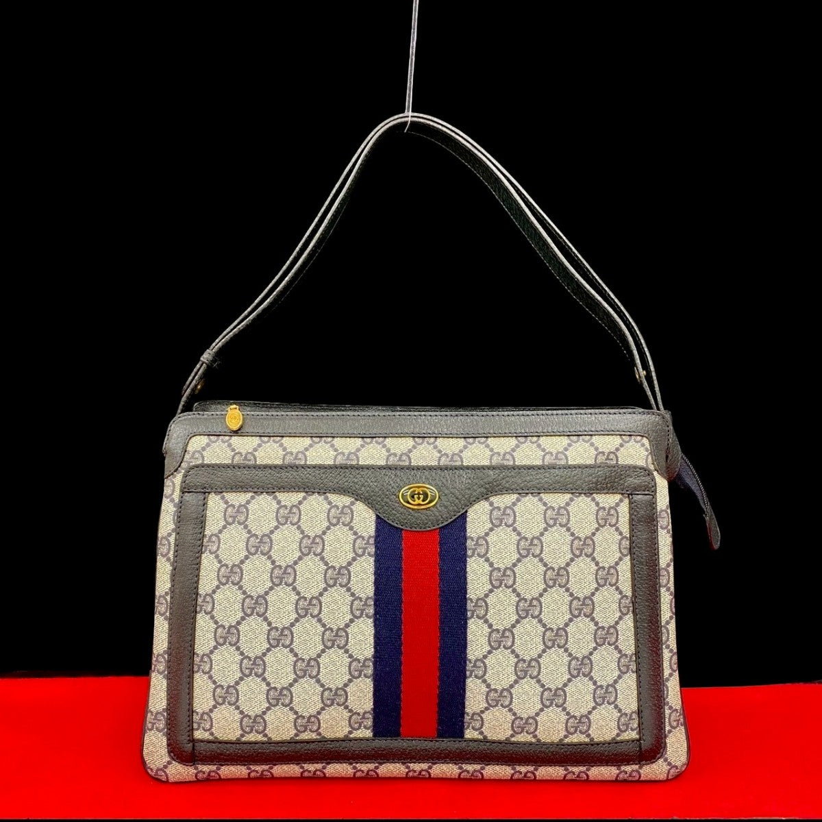 GUCCI Shoulder Bag Leather, PVC Navy GG logo Metal Sherry line Women Used Authentic