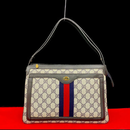 GUCCI Shoulder Bag Leather, PVC Navy GG logo Metal Sherry line Women Used Authentic