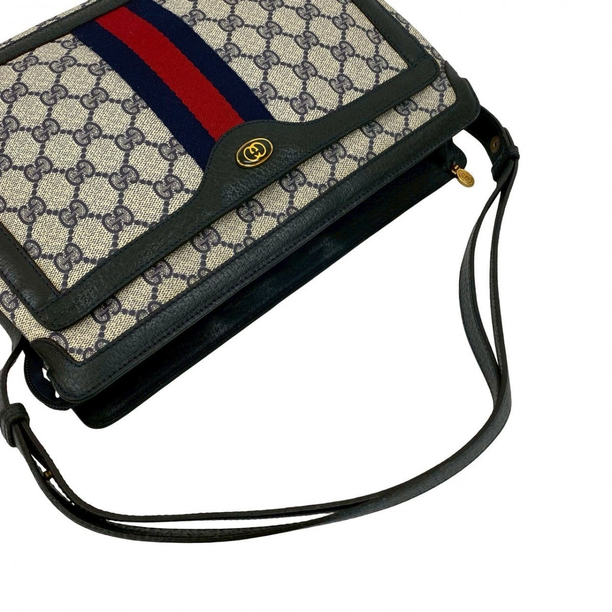 GUCCI Shoulder Bag Leather, PVC Navy GG logo Metal Sherry line Women Used Authentic