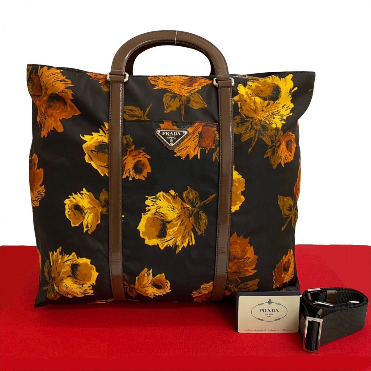 PRADA Shoulder Bag Leather, Nylon Brown floral triangle logo Women Used Authentic
