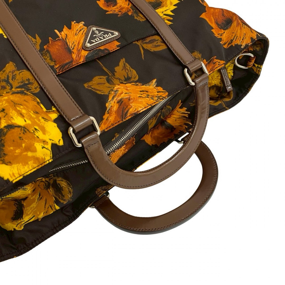 PRADA Shoulder Bag Leather, Nylon Brown floral triangle logo Women Used Authentic