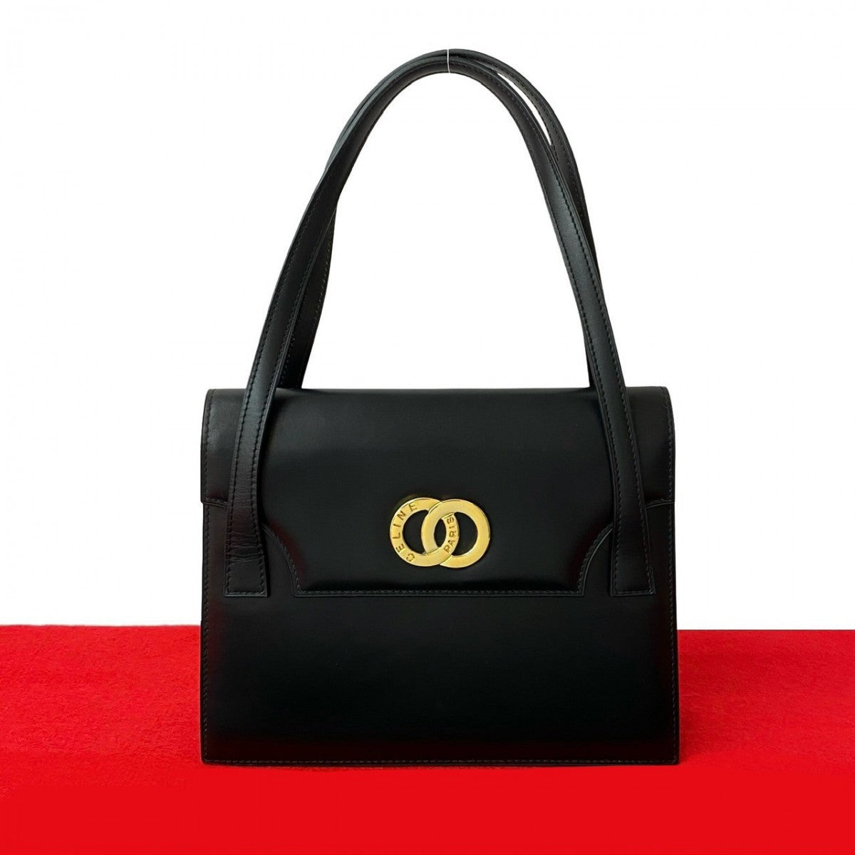 CELINE Handbag leather black Circle logo Metal Women Used Authentic