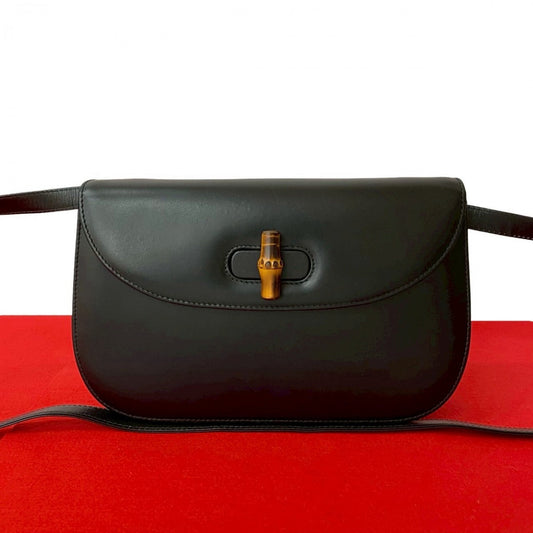 GUCCI Shoulder Bag Leather, Bamboo black Turn lock Bamboo Women Used Authentic