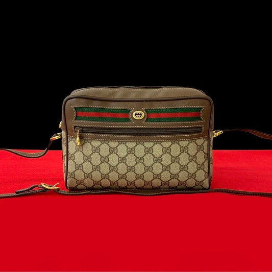 GUCCI Shoulder Bag Leather, PVC Brown GG logo Metal Sherry line Women Used Authentic