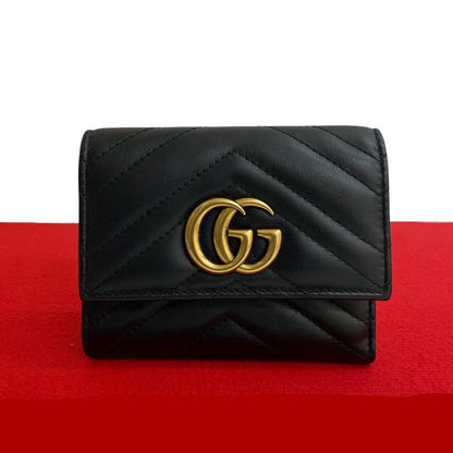 GUCCI Tri-fold wallet leather black GG Marmont Women Used Authentic