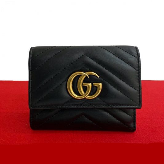 GUCCI Tri-fold wallet leather black GG Marmont Women Used Authentic