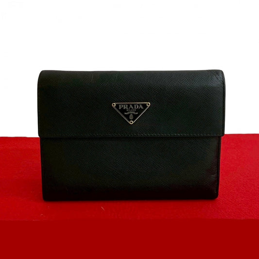 PRADA Tri-fold wallet leather black Triangle Logo Metal Women Used Authentic