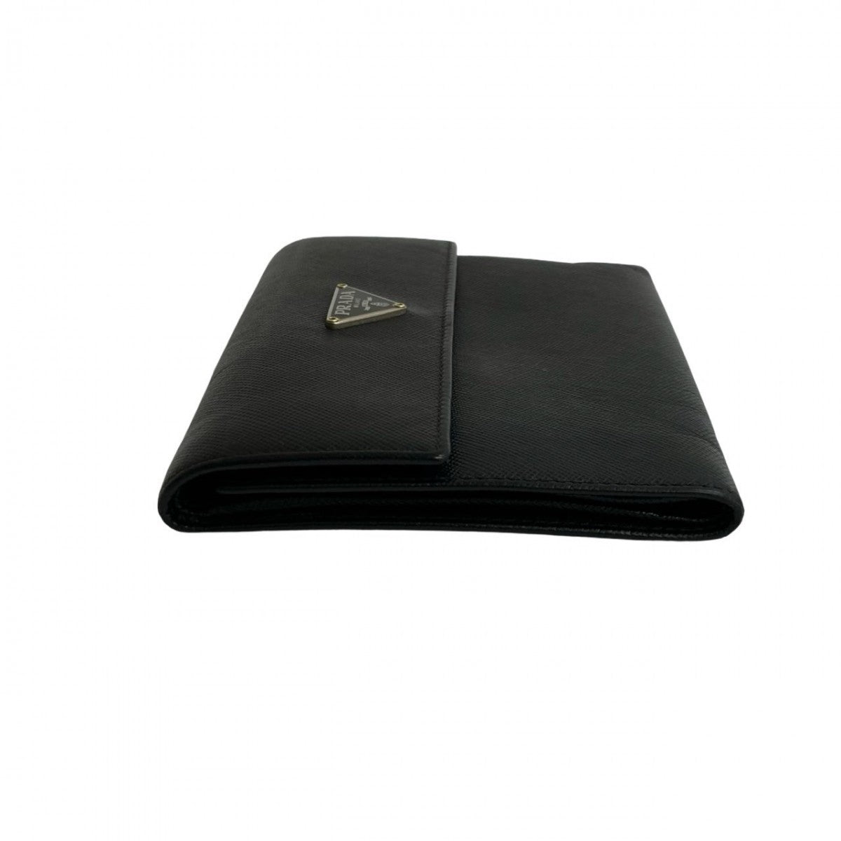 PRADA Tri-fold wallet leather black Triangle Logo Metal Women Used Authentic