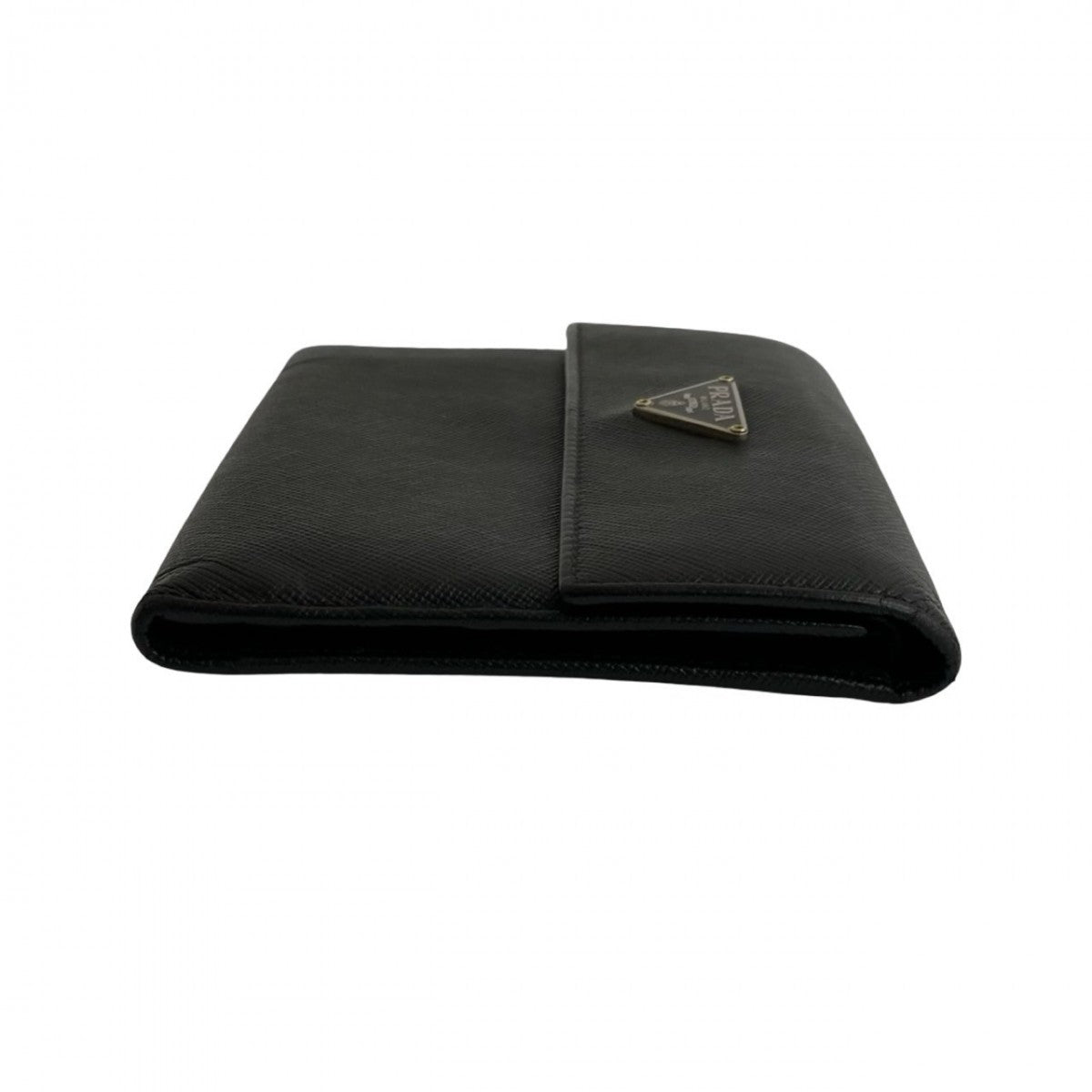 PRADA Tri-fold wallet leather black Triangle Logo Metal Women Used Authentic