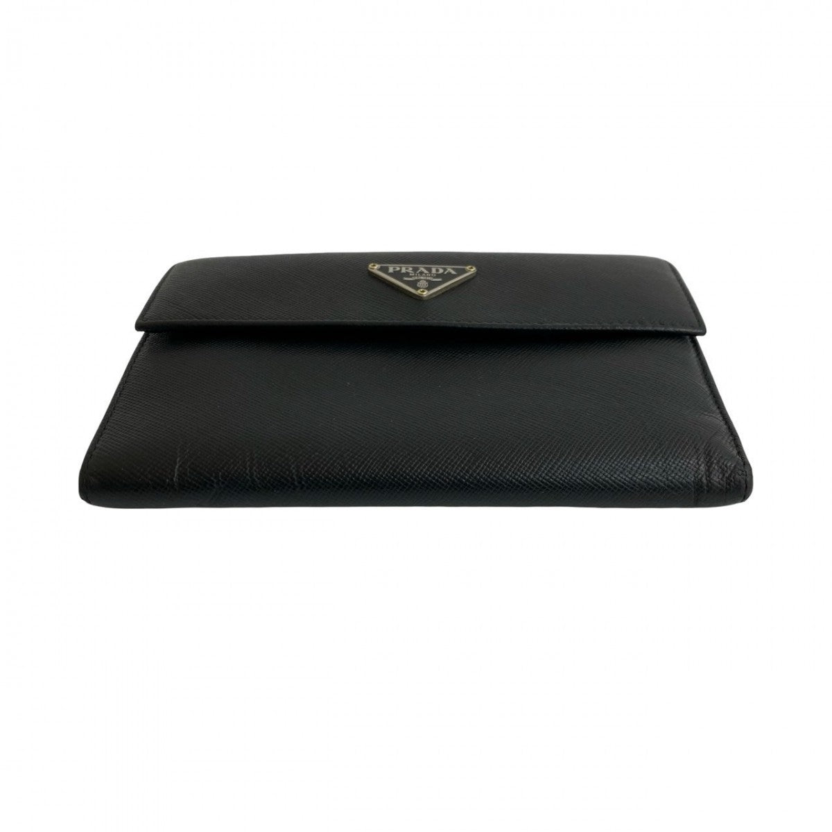 PRADA Tri-fold wallet leather black Triangle Logo Metal Women Used Authentic