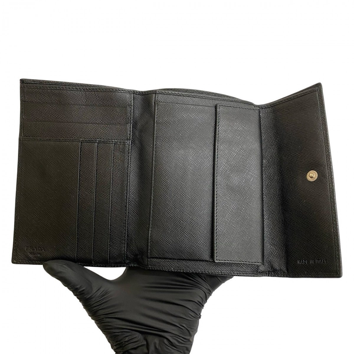 PRADA Tri-fold wallet leather black Triangle Logo Metal Women Used Authentic