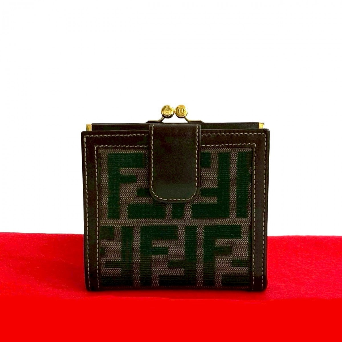 FENDI Bifold Wallet Canvas, Leather Brown Zucca FF Pattern Women Used Authentic