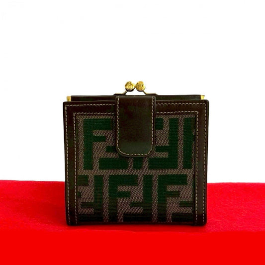 FENDI Bifold Wallet Canvas, Leather Brown Zucca FF Pattern Women Used Authentic