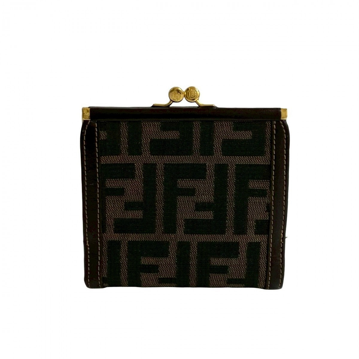 FENDI Bifold Wallet Canvas, Leather Brown Zucca FF Pattern Women Used Authentic