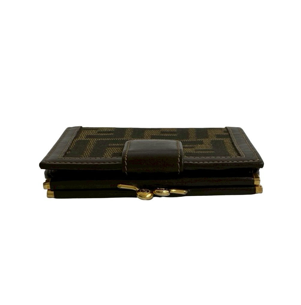 FENDI Bifold Wallet Canvas, Leather Brown Zucca FF Pattern Women Used Authentic