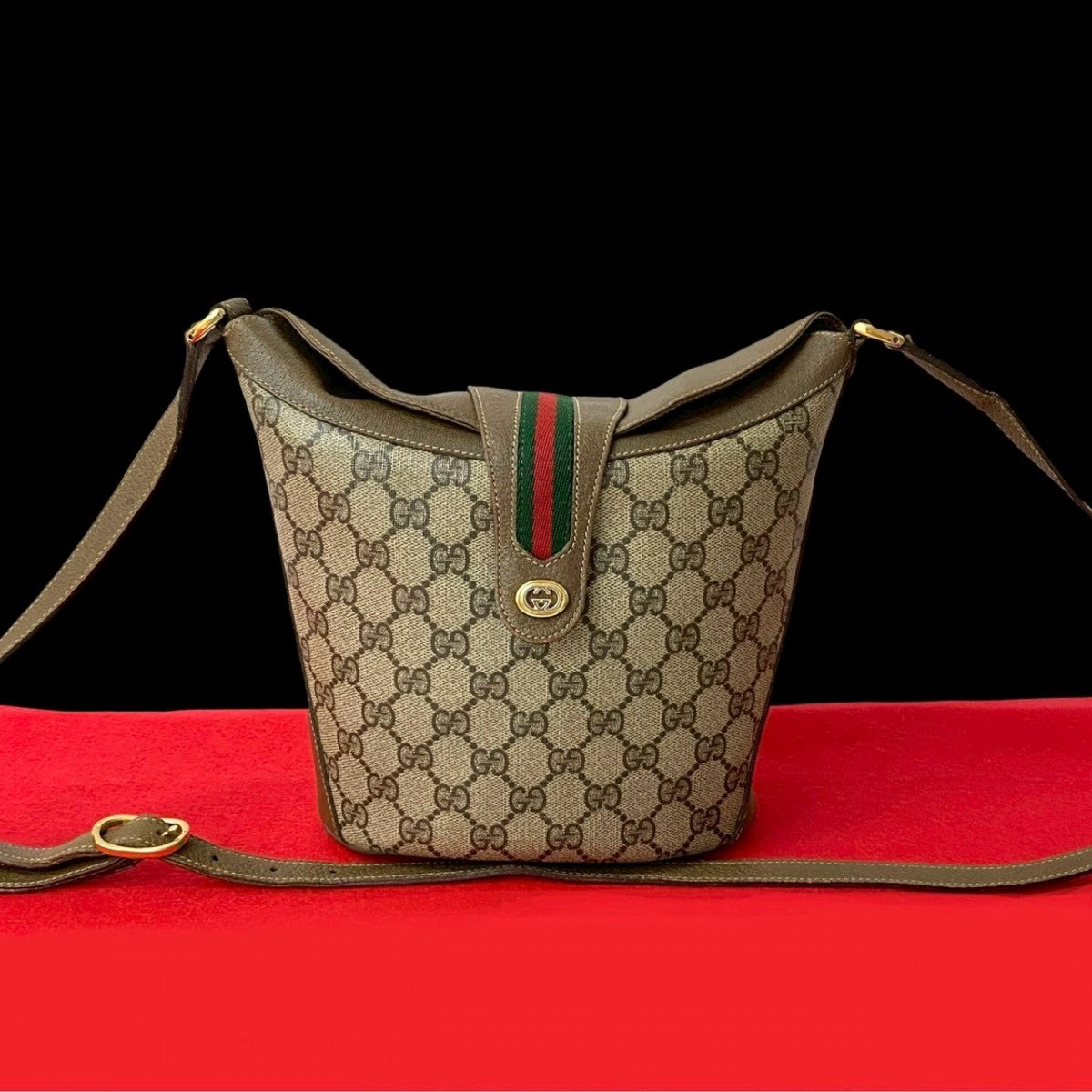 GUCCI Shoulder Bag Leather, PVC Brown GG logo Metal Sherry line Women Used Authentic