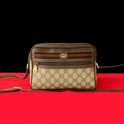 GUCCI Shoulder Bag Leather, PVC Brown GG logo Metal Sherry line Women Used Authentic