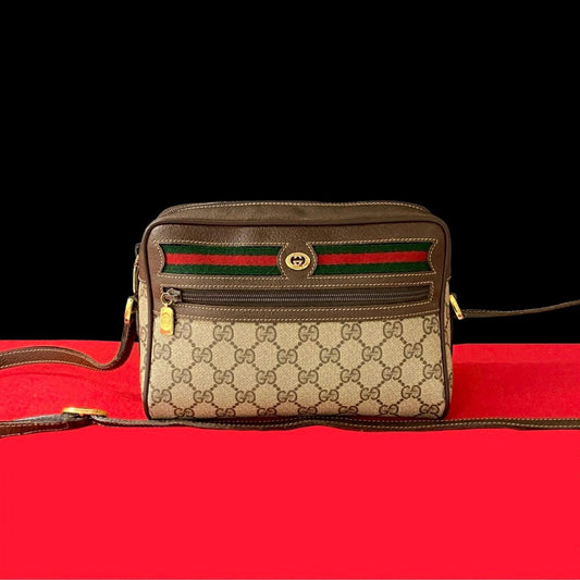 GUCCI Shoulder Bag Leather, PVC Brown GG logo Metal Sherry line Women Used Authentic