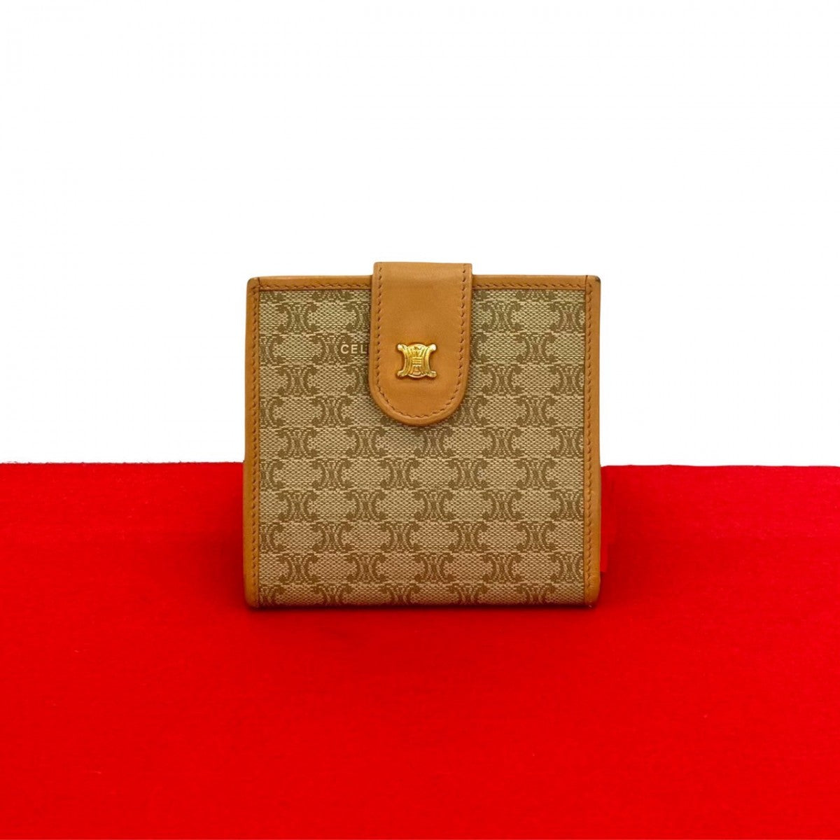 CELINE Bifold Wallet Leather, PVC beige Macadam Blason Triomphe Pattern Women Used Authentic