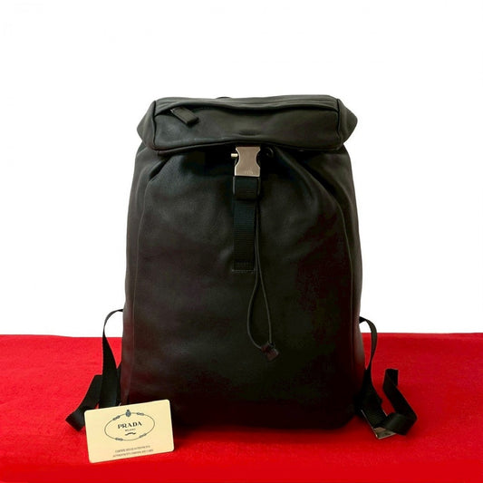 PRADA Backpack leather black PRADA logo Metal mens(Unisex) Used Authentic