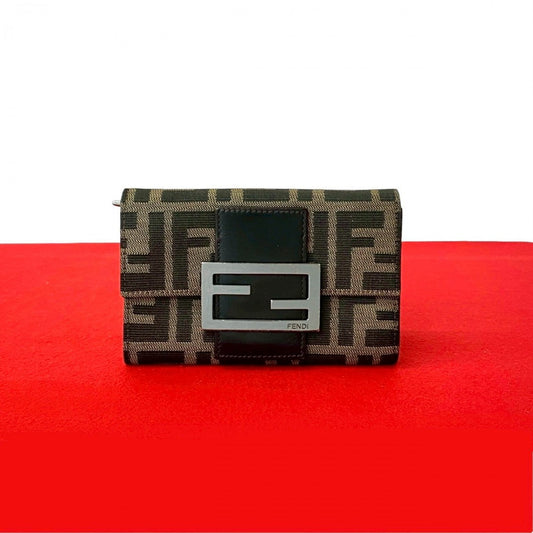 FENDI Bifold Wallet Canvas, Leather Brown Zucca FF logo Pattern Women Used Authentic