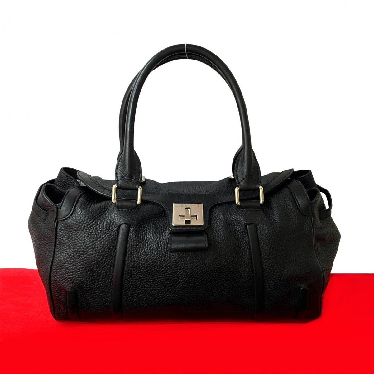 CELINE Handbag leather black celine logo Metal Women Used Authentic