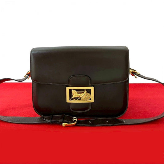 CELINE Shoulder Bag leather Brown logo carriage Metal Women Used Authentic