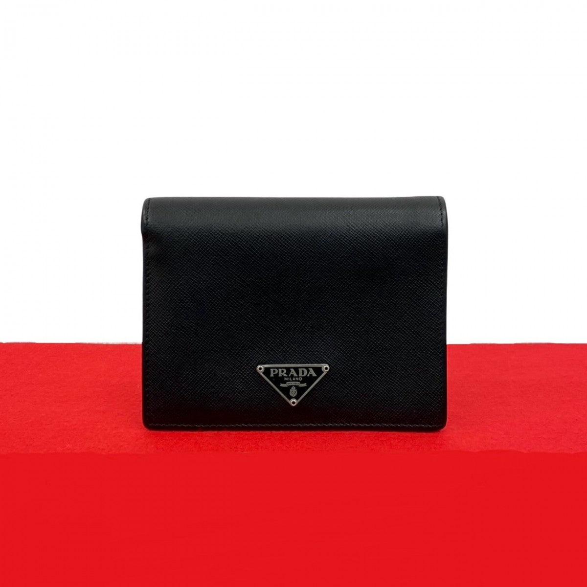 PRADA Bifold Wallet leather black Triangle Logo Metal mens Used Authentic