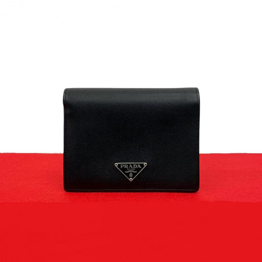 PRADA Bifold Wallet leather black Triangle Logo Metal mens Used Authentic