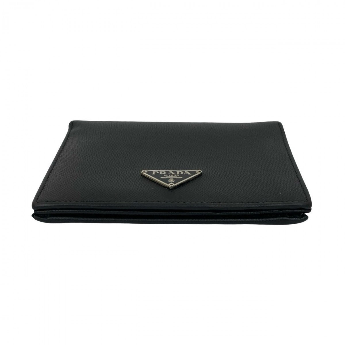PRADA Bifold Wallet leather black Triangle Logo Metal mens Used Authentic