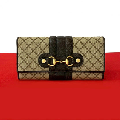 GUCCI Long Wallet Purse Leather, Canvas beige Diamante Horsebit Women Used Authentic