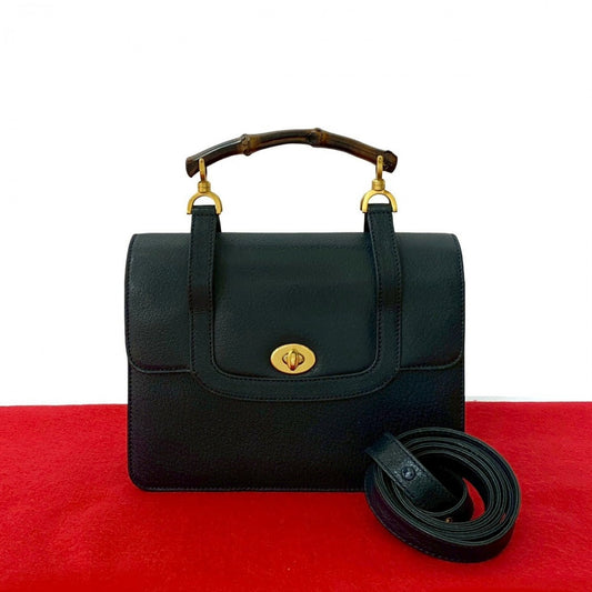 GUCCI Shoulder Bag leather Navy Bamboo