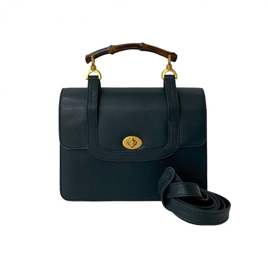 GUCCI Shoulder Bag leather Navy Bamboo