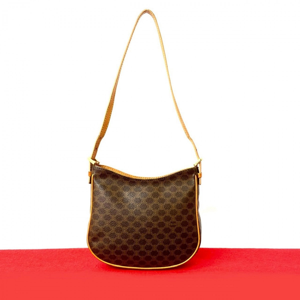 CELINE Handbag Leather, PVC Brown Macadam Blason Triomphe Pattern Women Used Authentic