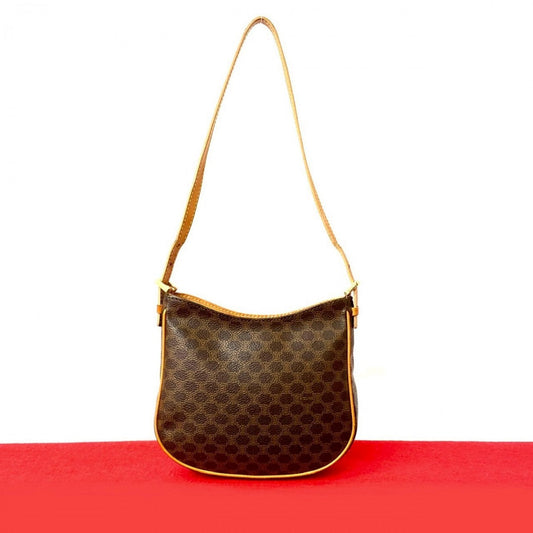 CELINE Handbag Leather, PVC Brown Macadam Blason Triomphe Pattern Women Used Authentic