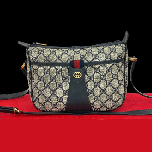 GUCCI Shoulder Bag Leather, PVC Navy GG logo Metal Sherry line Women Used Authentic
