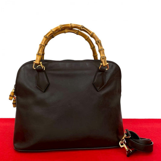 GUCCI Shoulder Bag leather Brown Bamboo Women Used Authentic