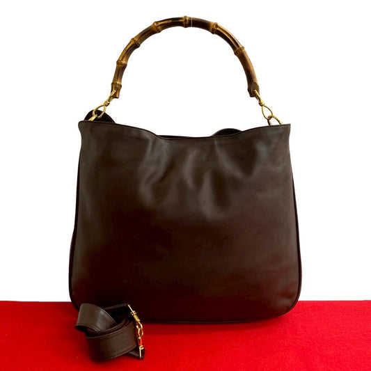 GUCCI Shoulder Bag leather Brown Bamboo