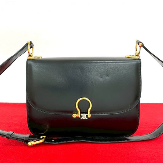 CELINE Shoulder Bag Calfskin, Leather black logo Metal Women Used Authentic