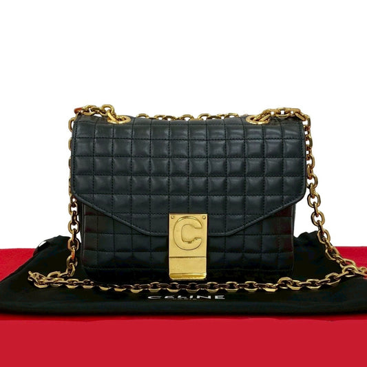 CELINE Shoulder Bag leather black C C Small Quilted
