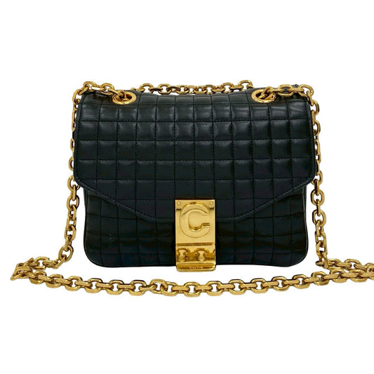 CELINE Shoulder Bag leather black C C Small Quilted