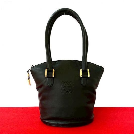 LOEWE Handbag leather black anagram Women Used Authentic