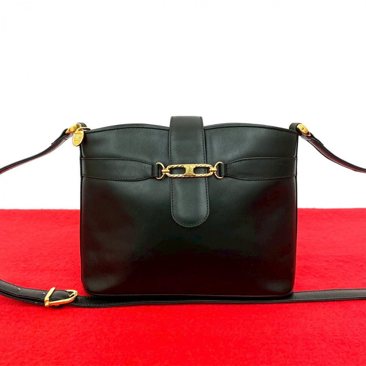 CELINE Shoulder Bag leather black Triomphe logo Metal Women Used Authentic