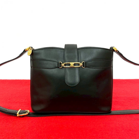 CELINE Shoulder Bag leather black Triomphe logo Metal Women Used Authentic
