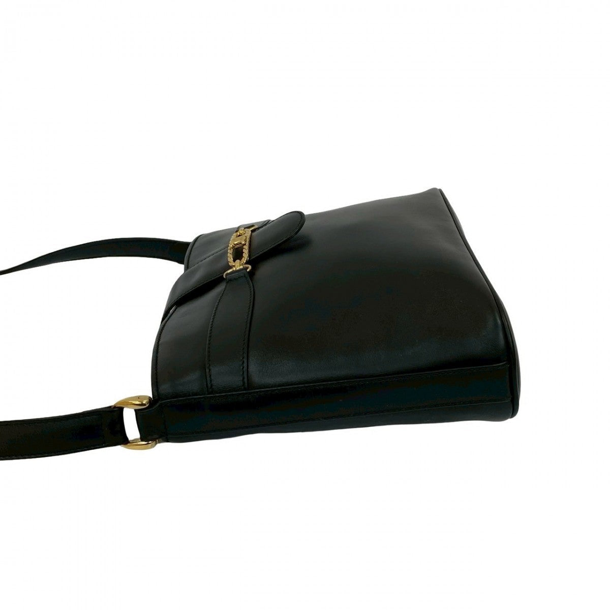 CELINE Shoulder Bag leather black Triomphe logo Metal Women Used Authentic