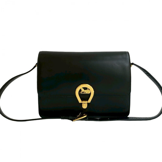 CELINE Shoulder Bag leather black Carriage Metal Women Used Authentic