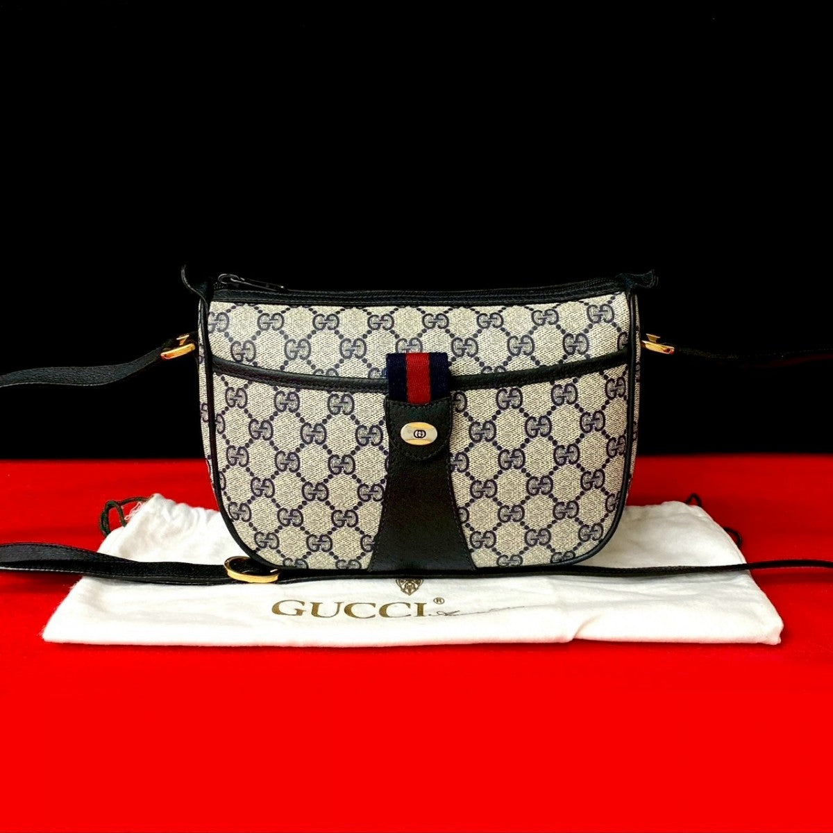 GUCCI Shoulder Bag leather Navy Sherry line